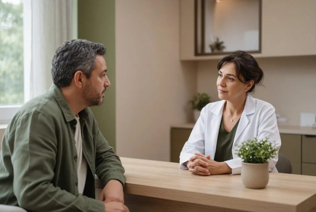Un hombre de mediana edad conversa con su médico en una consulta luminosa sobre dificultades de erección.